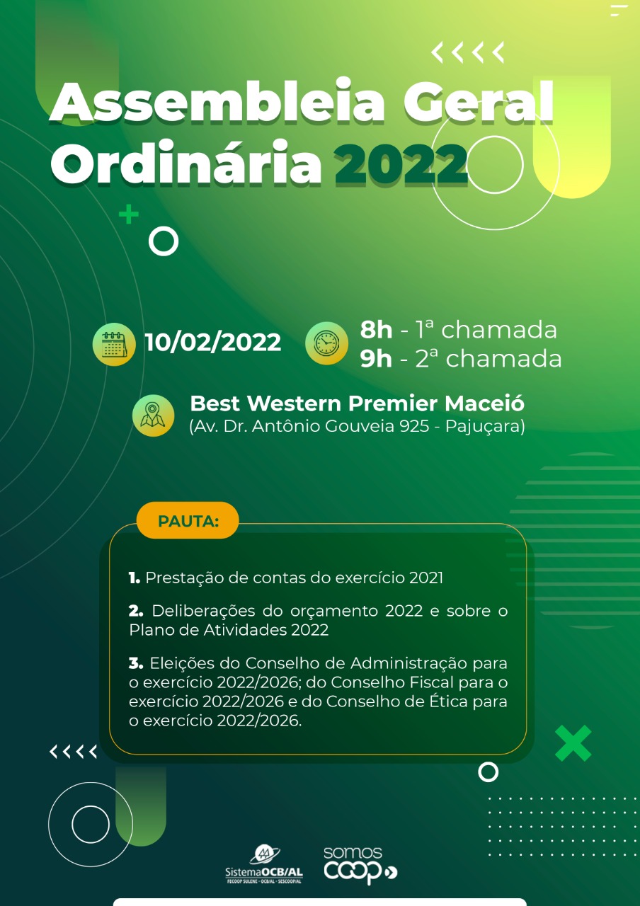 AGO 2022 da OCB AL será realizada no dia 10 de fevereiro